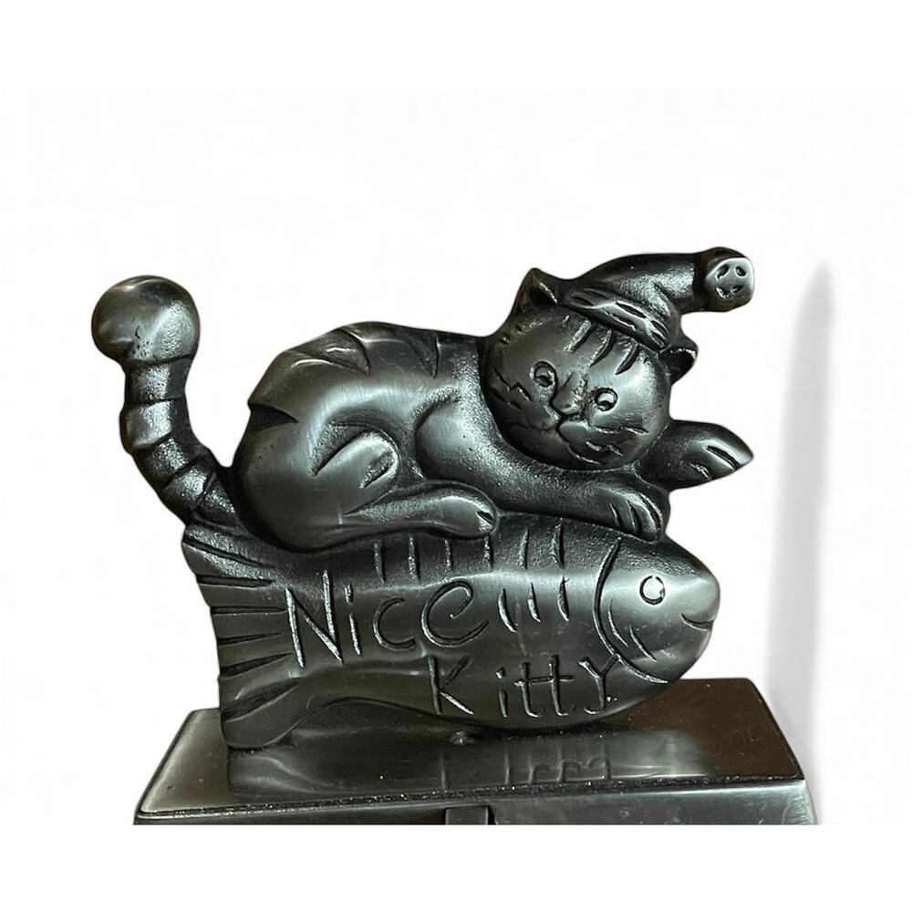 NICE KITTY silver heavy cast metal stocking holder/hanger